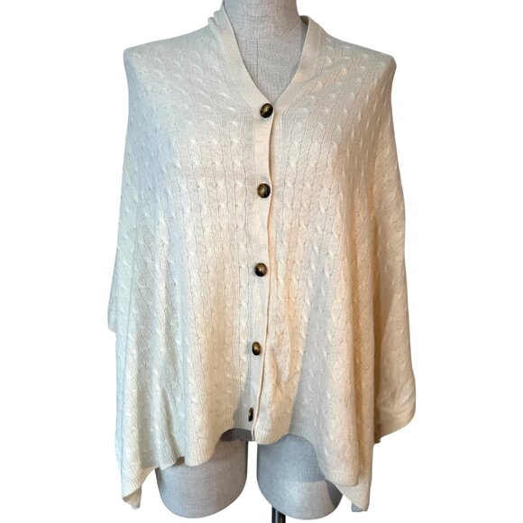 Orvis Womens Sweater Poncho Shawl Wool Cashmere Cream Cable Knit Button One Size - Picture 1 of 7